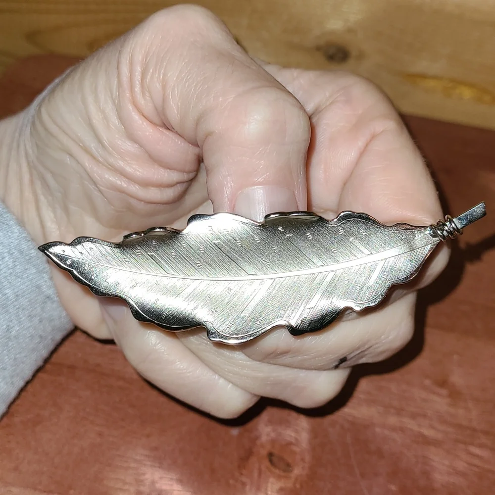 Vintage Brushed Silver-tone Brooch Long Leaf or Feather with stamped design MCM - Picture 2 of 8